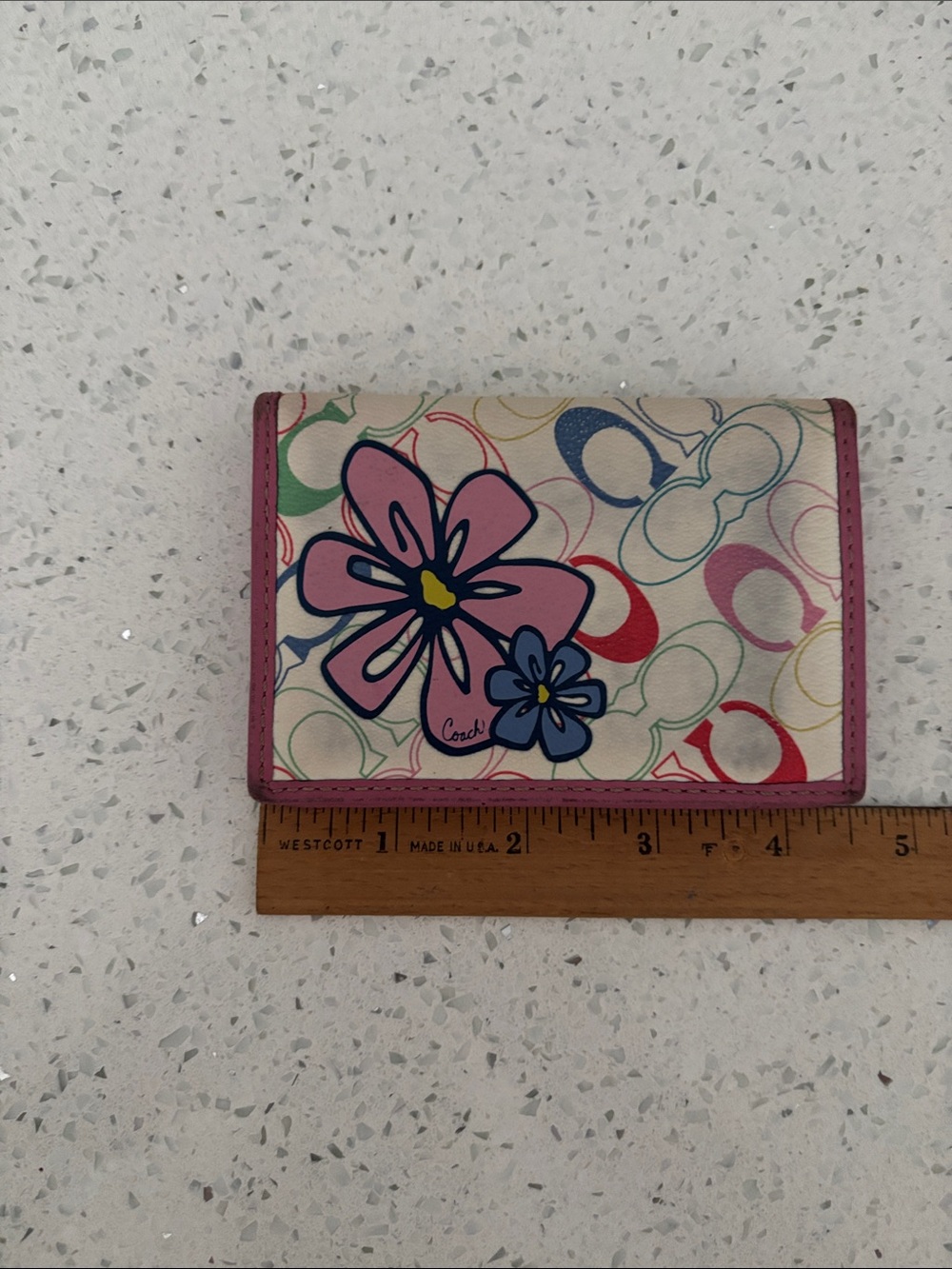 Rare Vintage Coach Multicolor Floral Signature Card Holder Wallet Case Pink Trim - Picture 8 of 13